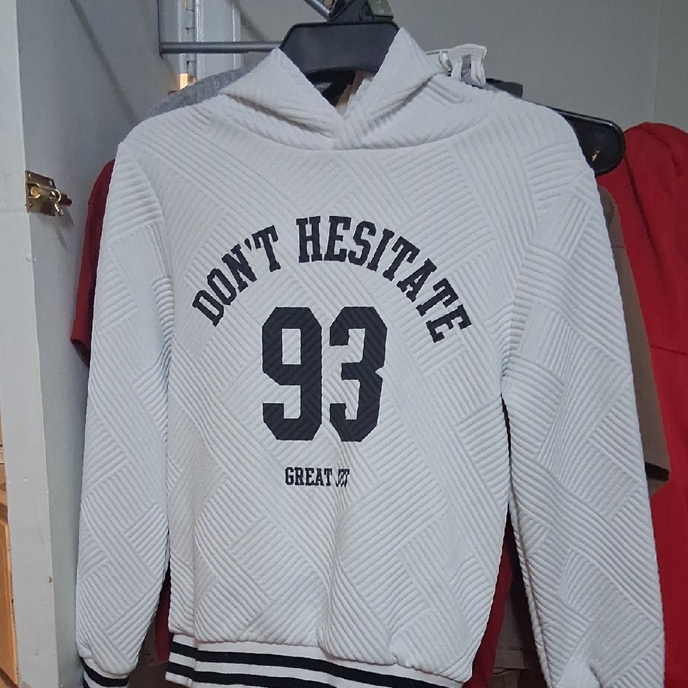 SHEIN White Textured Hoodie with Black Print